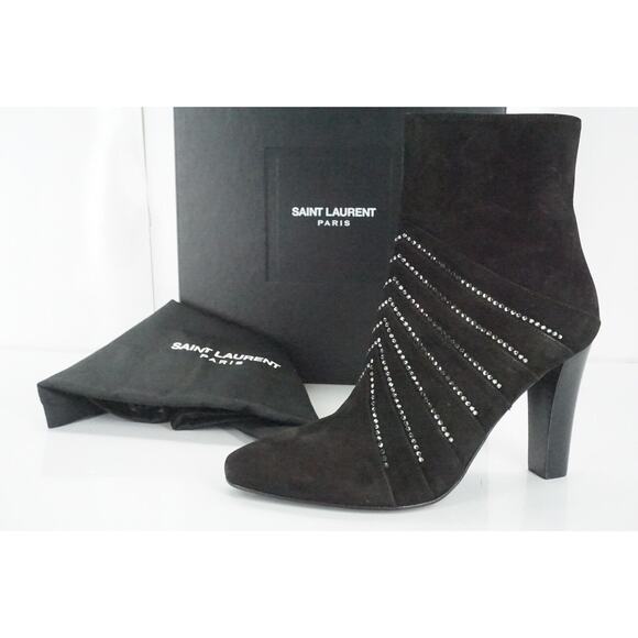 Saint Laurent Paris Lily Black Suede Crystal Ankle Boots - Picture 1 of 12